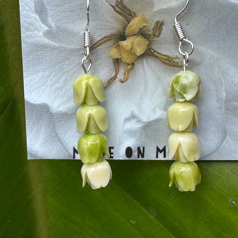Handmade Pakalana Earrings Green Flower Dangle Sterling Silver Earrings
